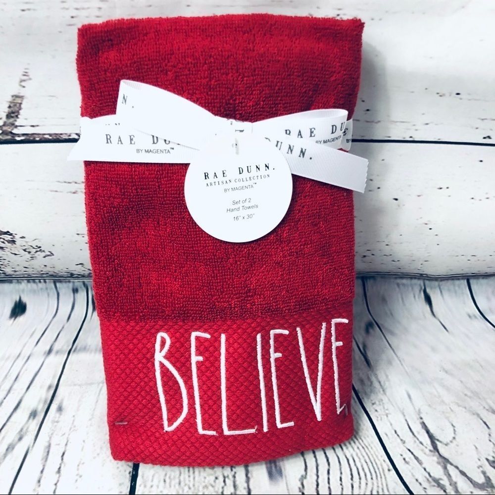 RAE Dunn BELIEVE Christmas Hand Towels Red/White Set of 2